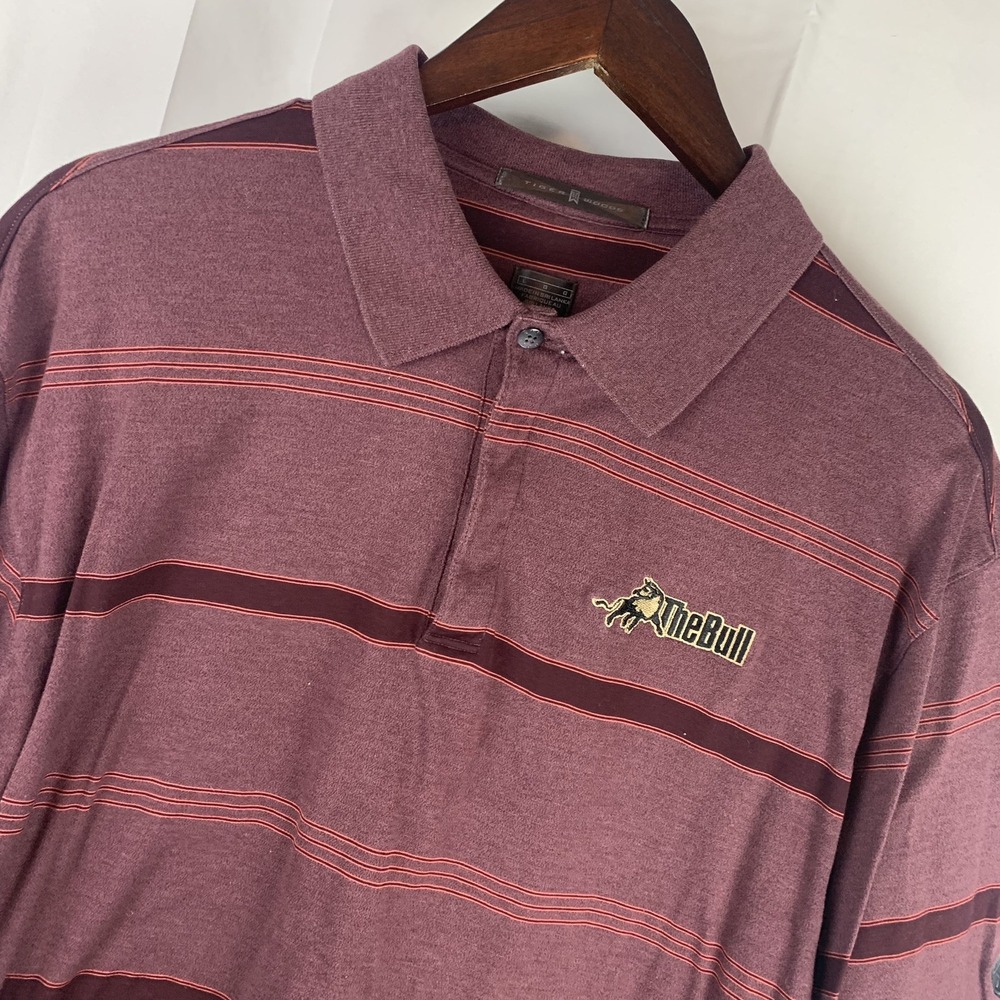 Nike Tiger Woods Golf Burgundy Striped Large Polo The Bull at Pinehurst Farms